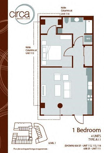 Floor plan for 1 bed, 1 bath, 664 sqft